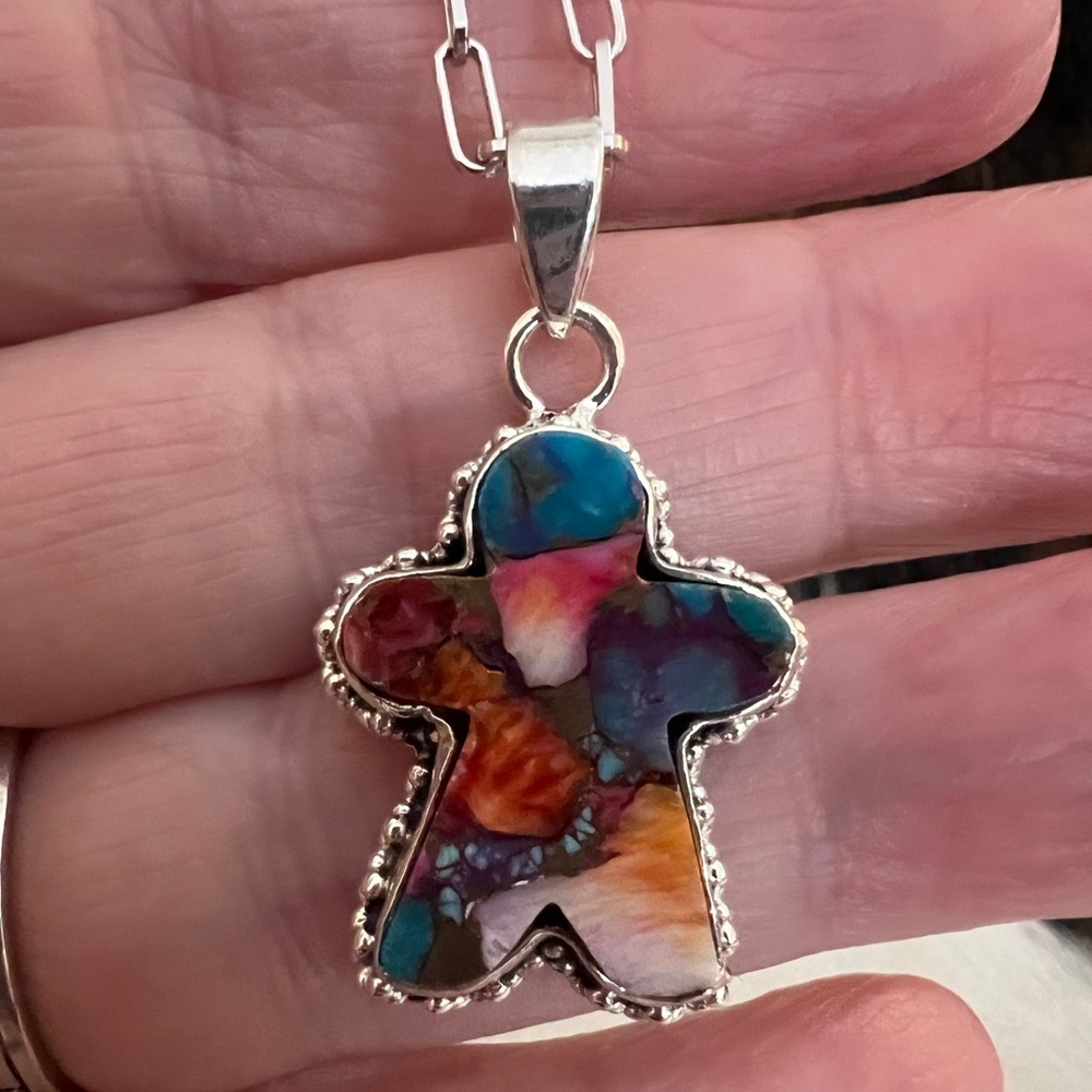❤️ Gingerbread Man Pink Dahlia Kingman Turquoise 925 Navajo Pendant 1.26”L - Picture 4 of 12